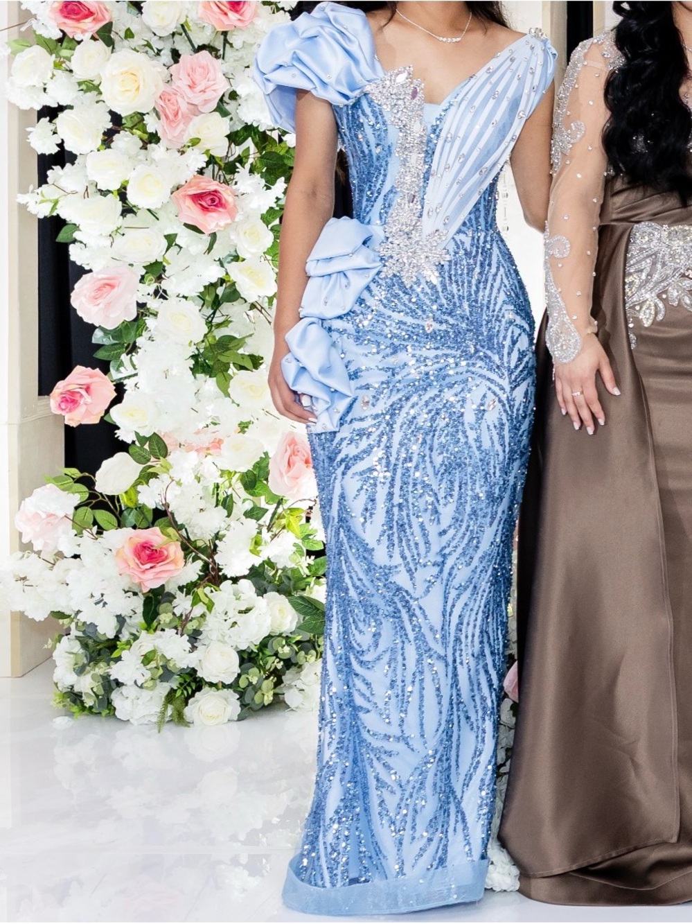Light Blue Sequin Evening Gown with Floral Shoulder Detail